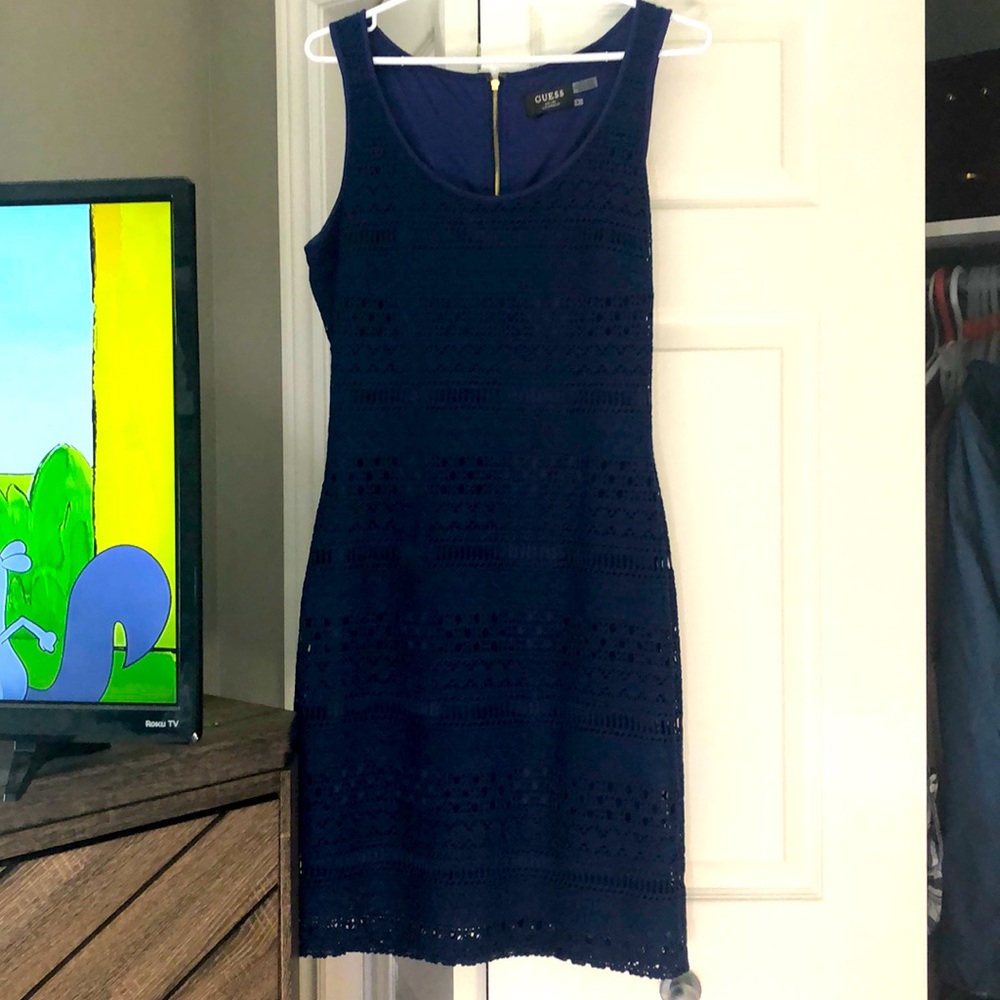 Guess navy blue mid length crochet pattern dress